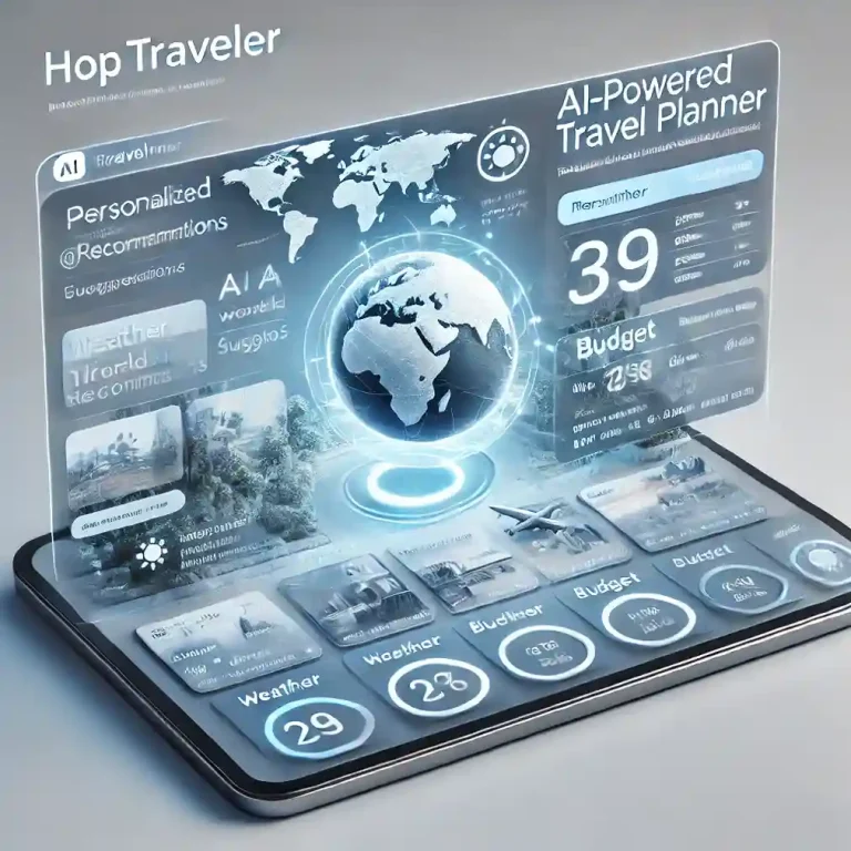 AI-powered travel planner dashboard – A screenshot of HopTraveler.com showcasing personalized travel recommendations.