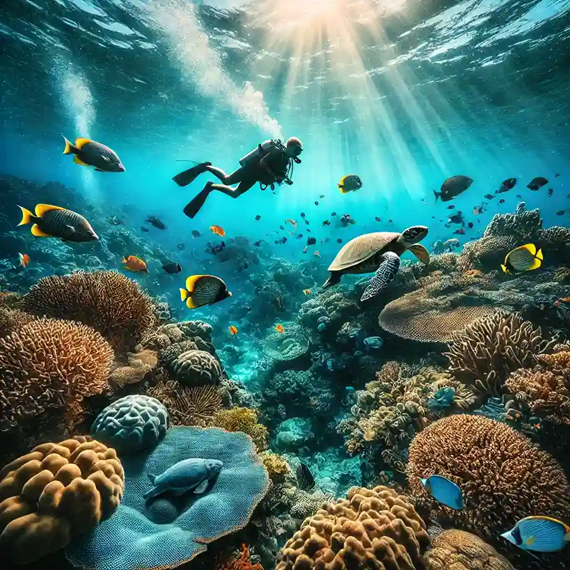Crystal-clear waters of the Great Barrier Reef – A diver exploring coral reefs surrounded by tropical fish.