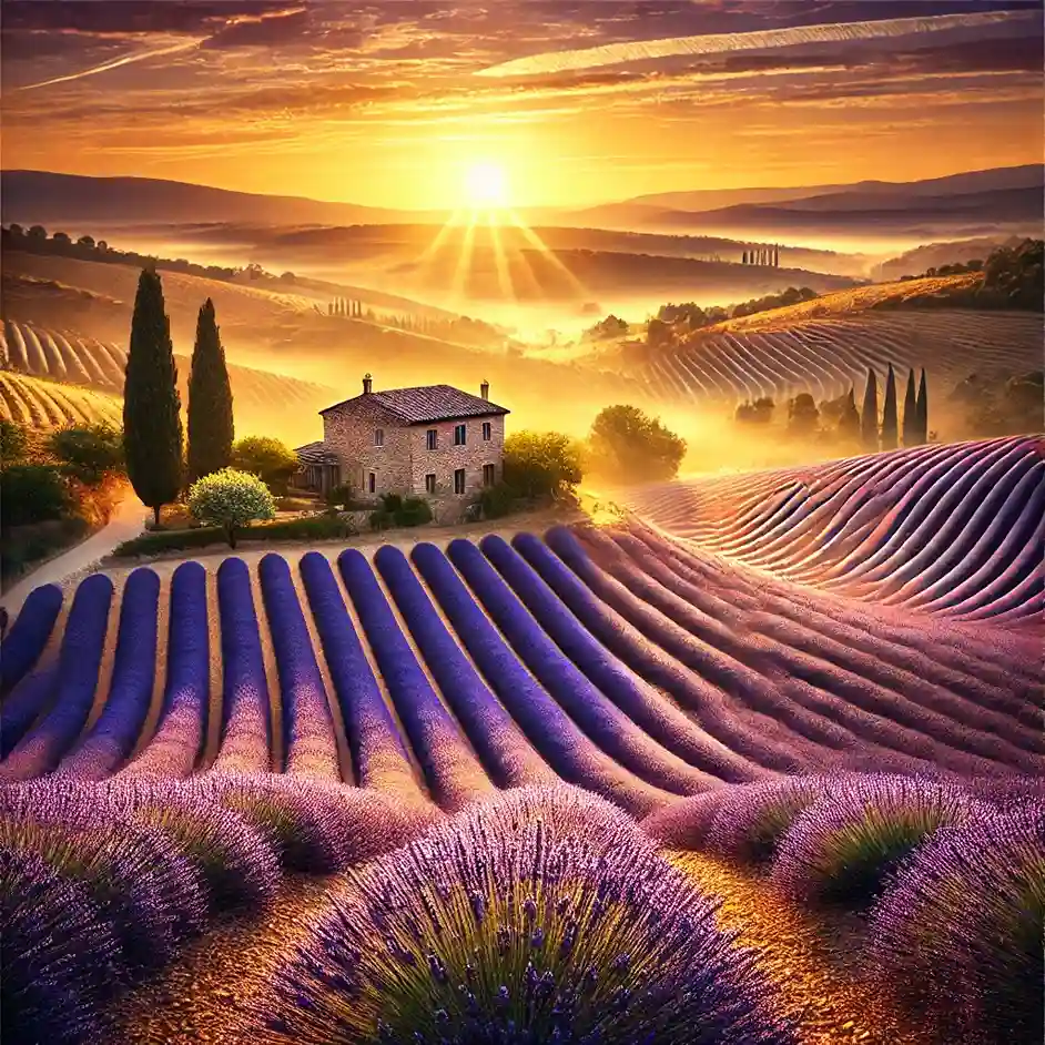 Lavender fields in Provence at sunrise – A breathtaking view of Provence’s iconic lavender fields bathed in golden sunlight.