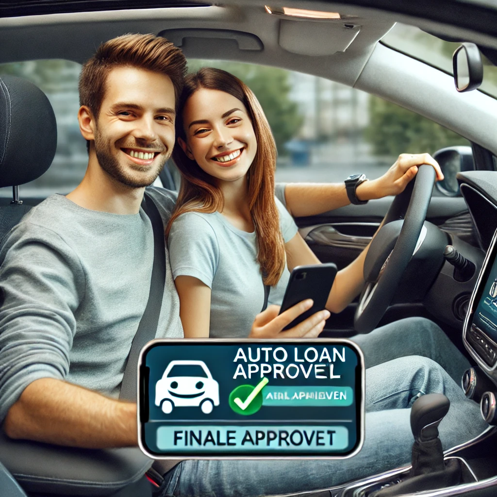 Traceloans.com A happy young couple sitting inside a new car, smiling as they finalize their auto loan approval on a smartphone. The image conveys ease, satisfaction, and a seamless financing experience.