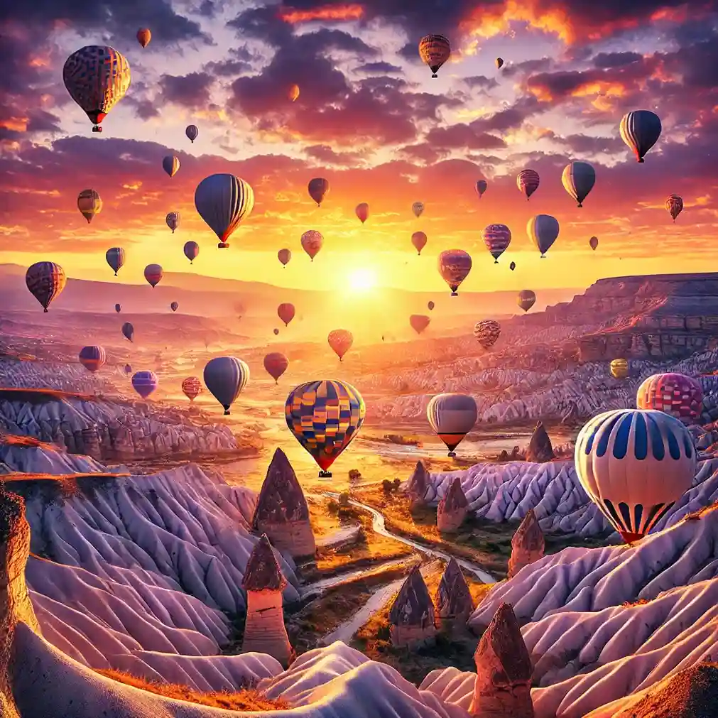 A scenic sunrise view with colorful hot air balloons floating above rock formations.